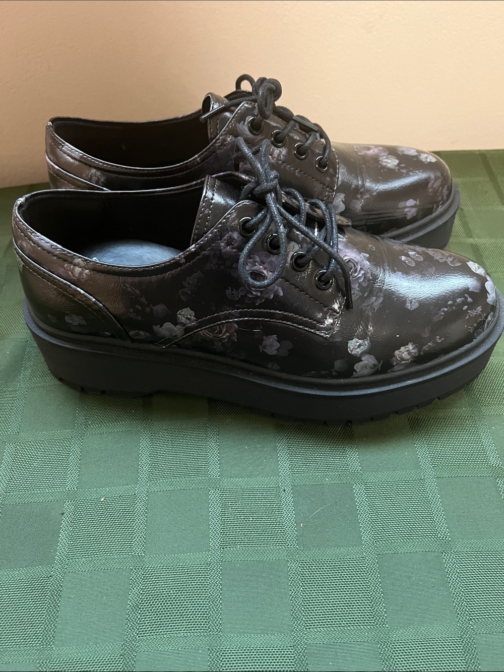 Call It Spring Floral Patent Platform Oxfords - Black with Gray Floral Print